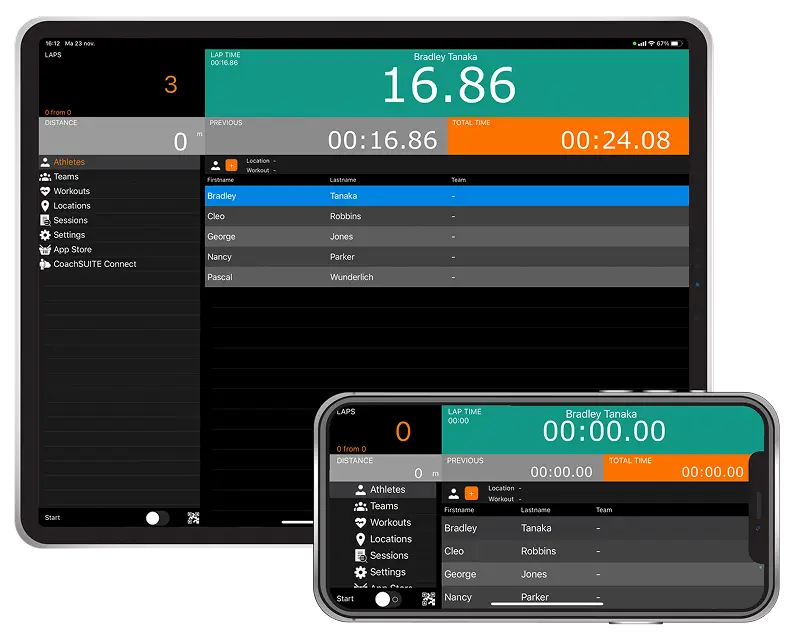 CoachWATCH timing app with lap times and splits for multiple athletes